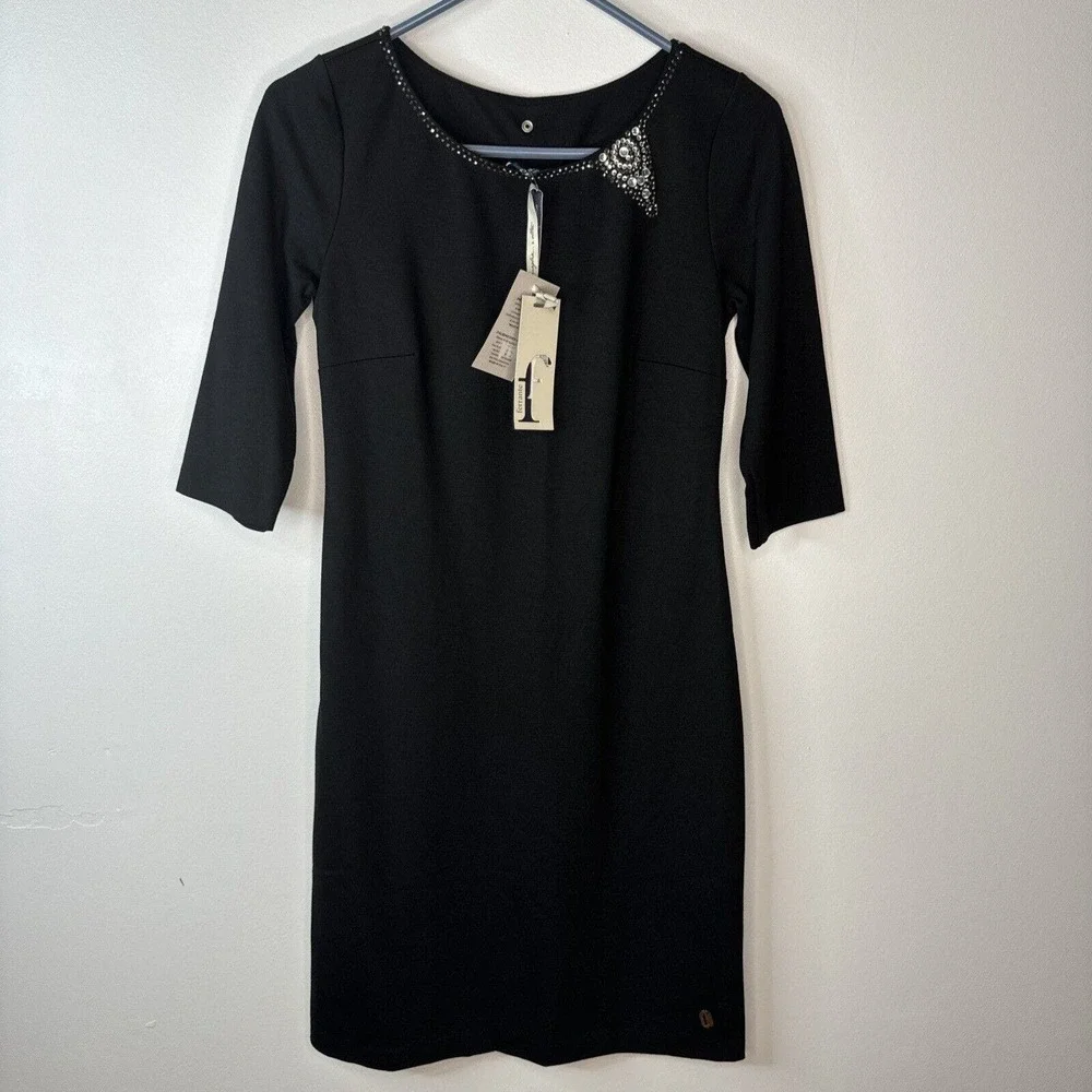 Ferrante Italian Dress Sz XS Rhinestone Detail Black Viscose Made In Italy NWT - Picture 1 of 15